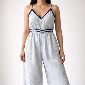 Joya Blue White Striped Wide Leg Jumpsuit Smocked Back Spaghetti Strap Size M